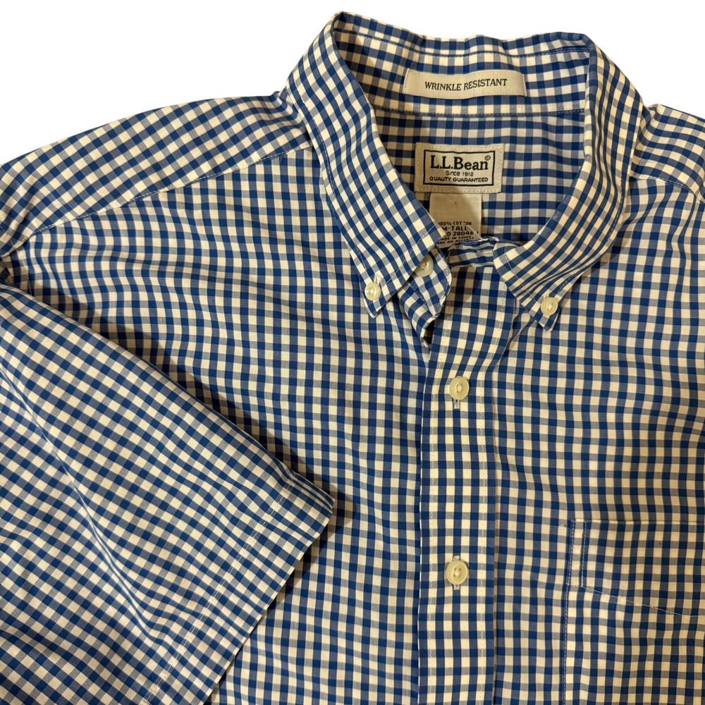 NWOT LL Bean Mens Blue White Gingham Short‎ Sleeve Button Down Shirt Tall M